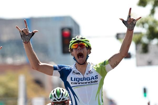 Daniel Oss (Liquigas-Cannondale) celebrates his win.