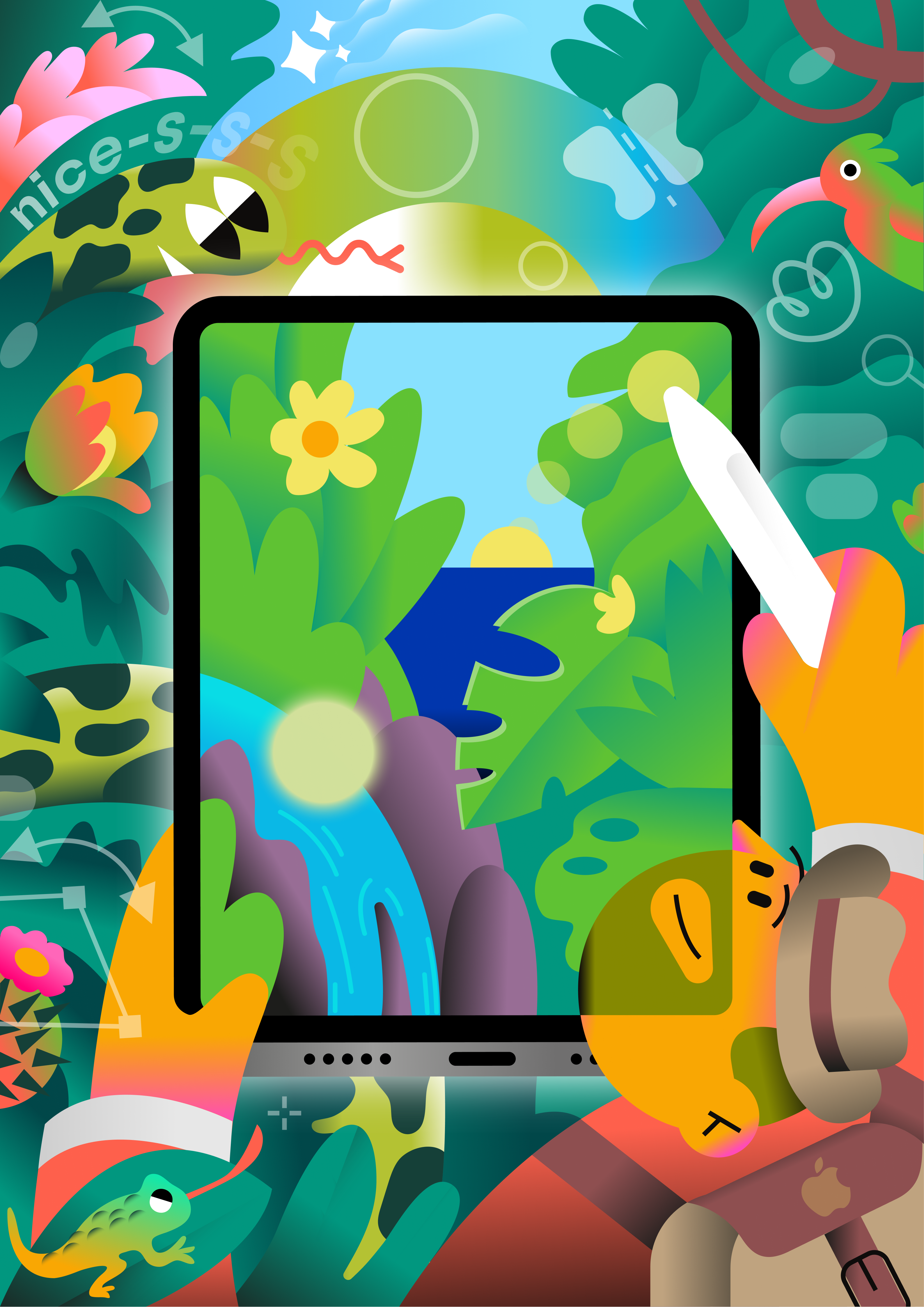 iPad illustration of a man with an Apple pencil and an iPad