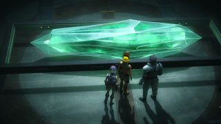 Still from Star Wars animated T.V. series. Here we see 3 people standing and admiring a giant green kyber crystal that's bigger than all of them put together.
