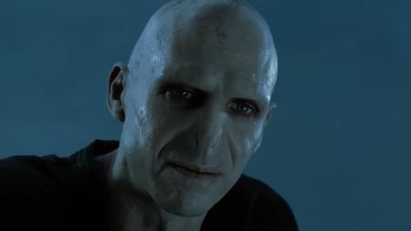 Ralph Fiennes as Voldemort looking down at Harry in Harry Potter and the Goblet of Fire.
