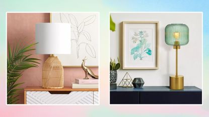 A rainbow pastel background with a photo of a wicker lamp on one side and a gold and green lamp on the other