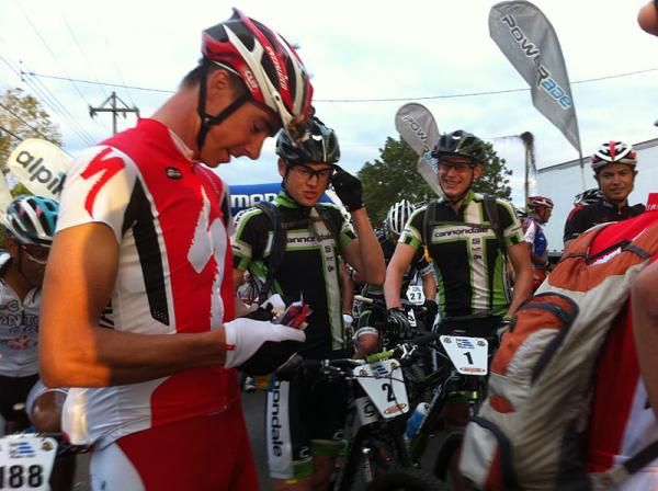 Todd Wells, Alex Grant and Ben Sonntag at the start of day 1