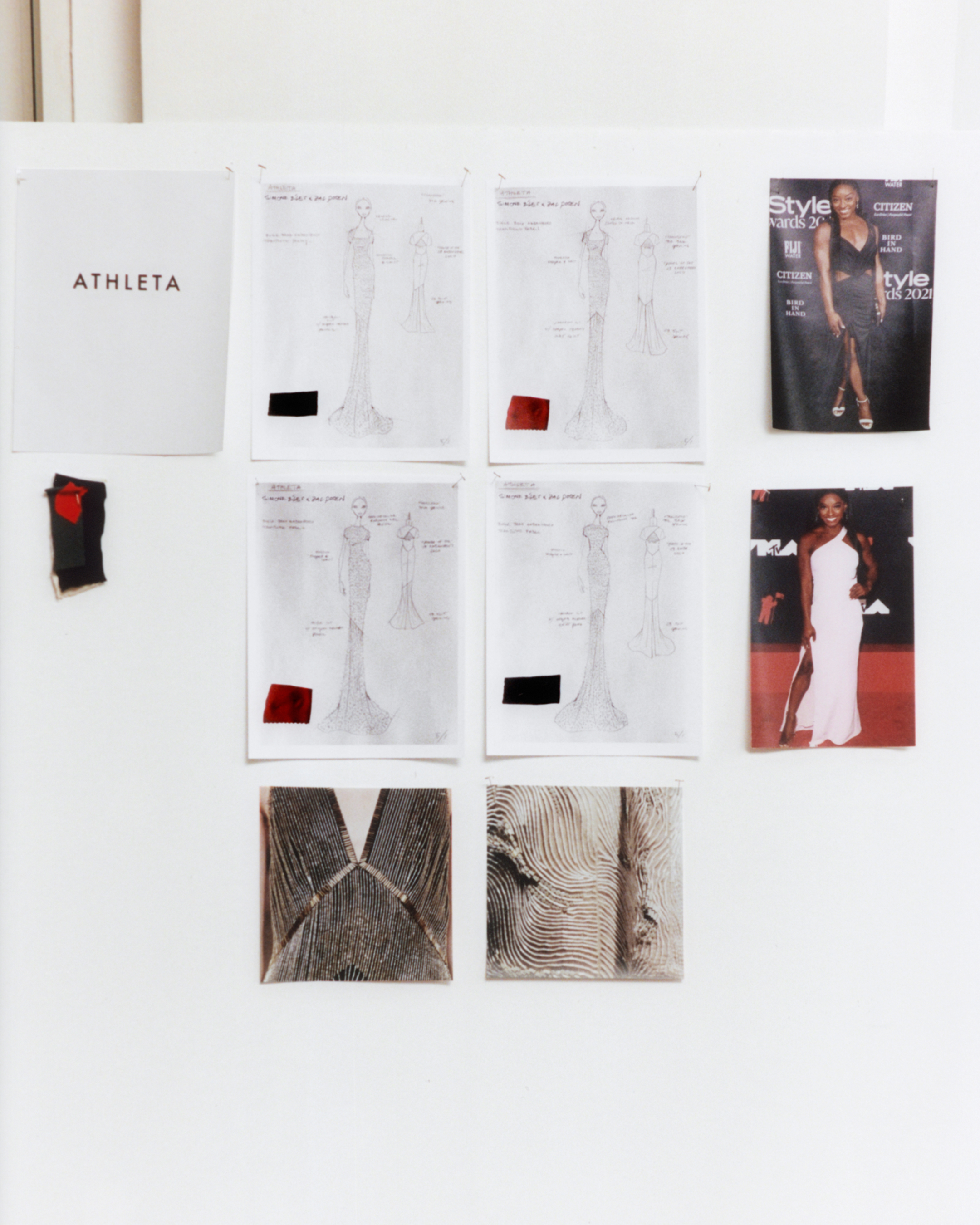 A photo of the board where Zac Posen pinned sketches of Simone Biles's dress for the ESPYs