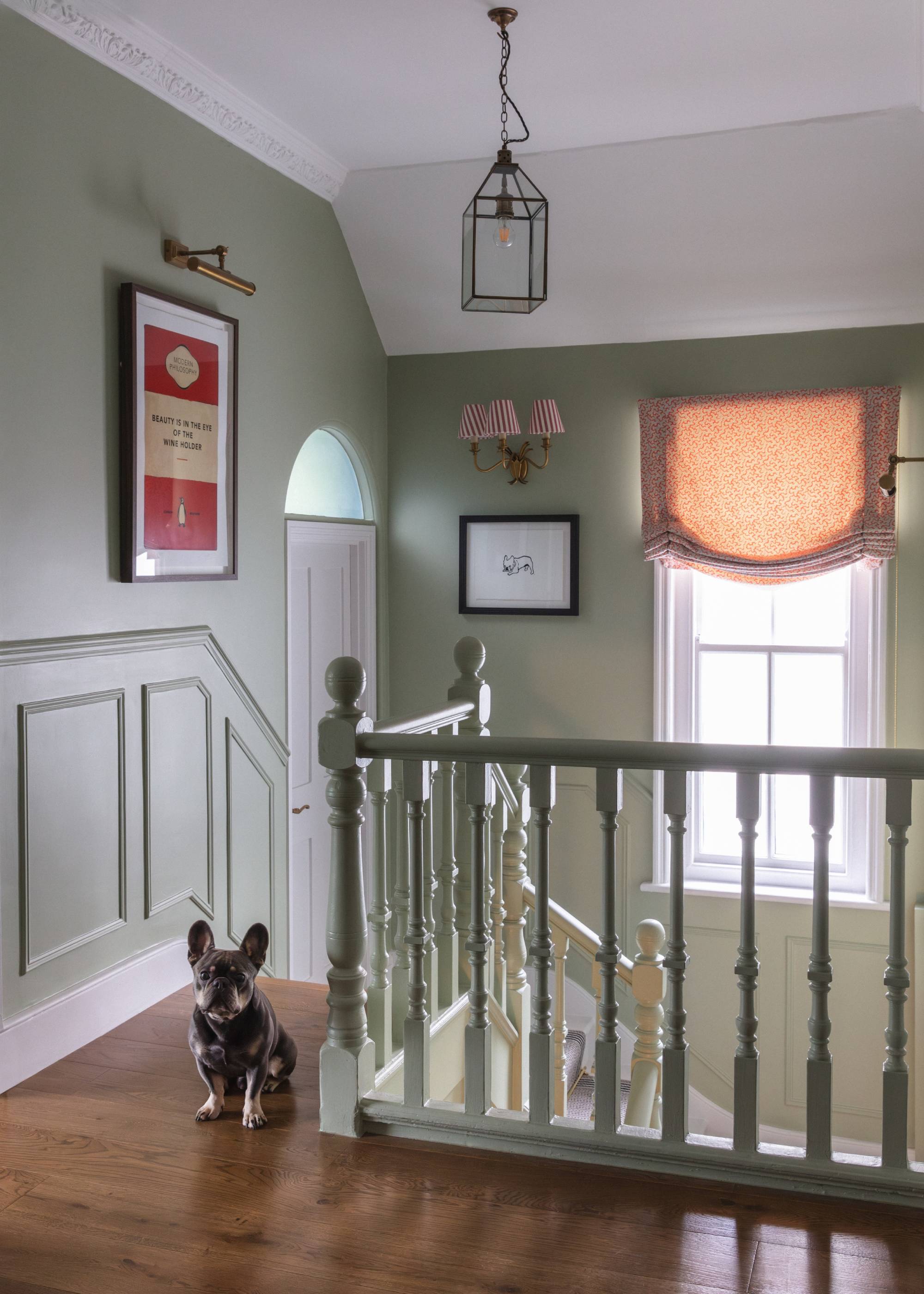 pale green staircase and landing with small dog and wooden floor