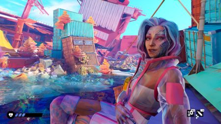 Eyla talks to the player in a colorful, collapsed structure in Tides of Tomorrow