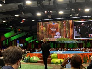 Salesforce CEO Marc Benioff walking through the crowd at the keynote theater during his opening Dreamforce 2024 speech.