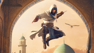 a young Basim dressed in iconic white Assassin's Creed robes in midair 