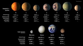 Characteristics of the seven TRAPPIST-1 worlds, compared to the rocky planets in our solar system.