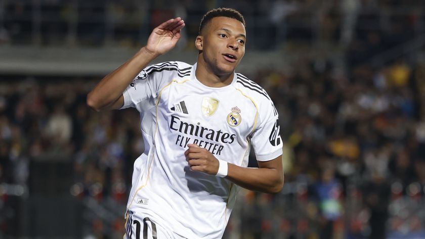 Kylian Mbappé celebrating after scoring for Real Madrid during the UEFA Champions League 2025/26 League Phase.