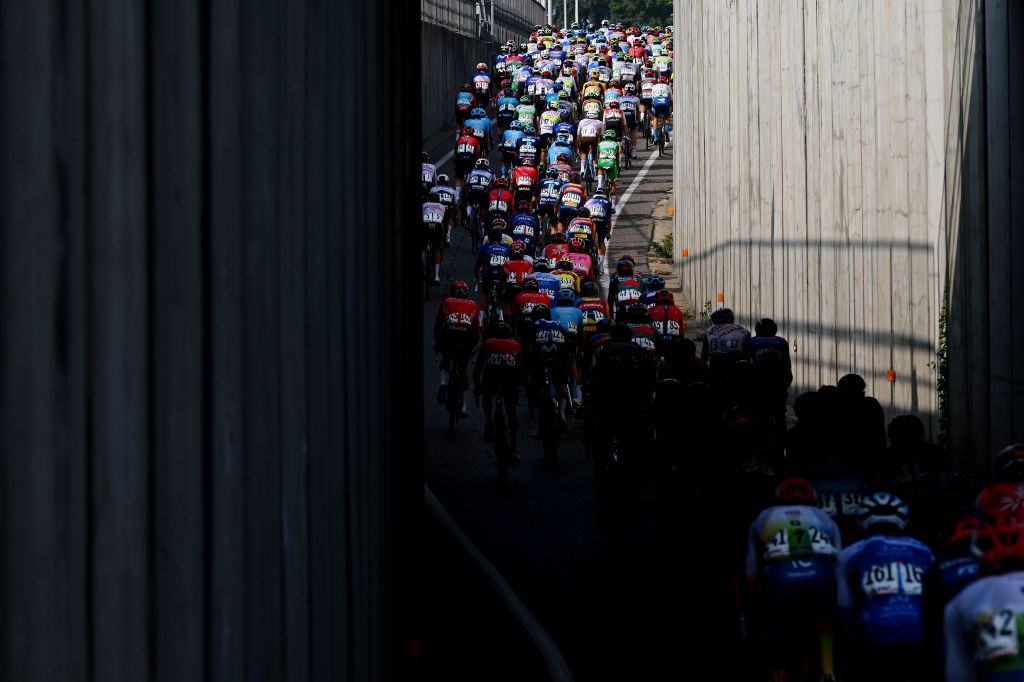 VARESE ITALY OCTOBER 03 A general view of the peloton competing during the 102nd Tre Valli Varesine 2023 a 19654km one day race from Busto Arsizio to Varese on October 03 2023 in Varese Italy Photo by Dario BelingheriGetty Images
