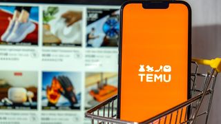 A phone with the Temu logo sits in a shopping cart in front of a computer screen with Temu items on it. 