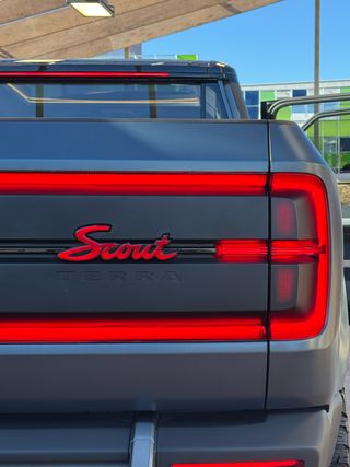 Scout logo in red on the back of a car