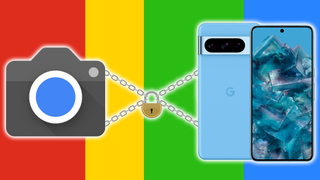 Pixel app logo chained to a Pixel 8 phone