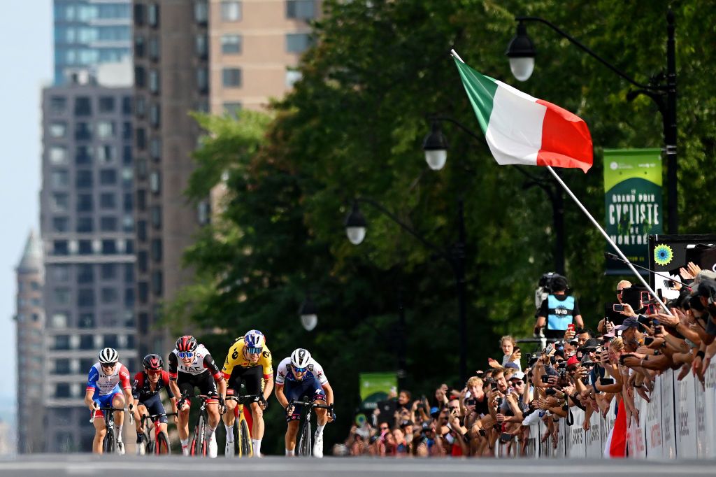 MONTREAL QUEBEC SEPTEMBER 11 A general view of Tadej Pogacar of Slovenia and UAE Team Emirates Wout Van Aert of Belgium and Team Jumbo Visma Andrea Bagioli of Italy and Team QuickStep Alpha Vinyl Adam Yates of United Kingdom and Team INEOS Grenadiers and David Gaudu of France and Team Groupama FDJ sprint to win during the 11th Grand Prix Cycliste de Montreal 2022 a 221km one day race from Montreal to Montreal GPCQM WorldTour on September 11 2022 in Montreal Quebec Photo by Dario BelingheriGetty Images