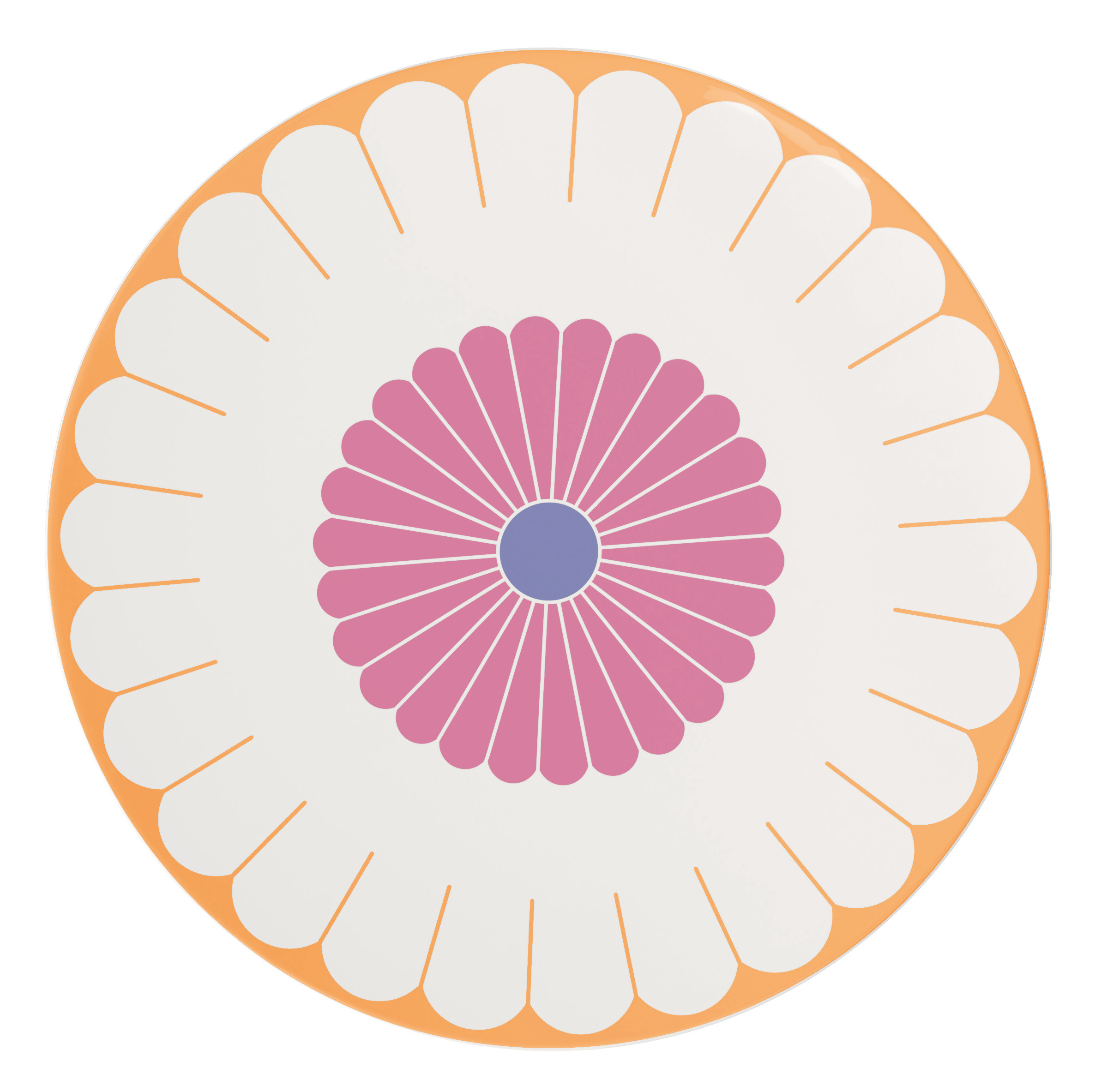 An orange, pink and purple plate against a white background