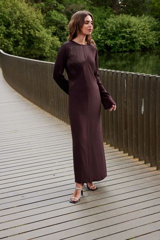 Wine Long Sleeve Satin Mix Column Midi Dress