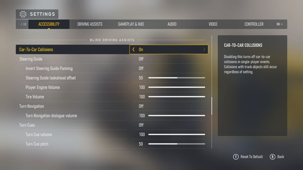 Screenshots of Forza Motorsport (2023)'s accessibility menus and settings.