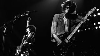 Photo of Keith RICHARDS; L-R: Ron Wood (Ronnie Wood) and Keith Richards (of the Rolling Stones) performing live onstage as the New Barbarians 