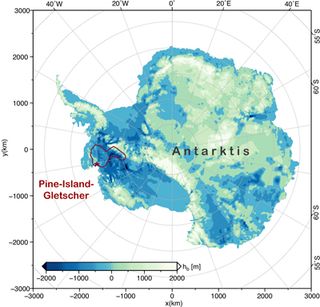 Topographic map of Antarctica. The Pine Island Glacier is marked in red.