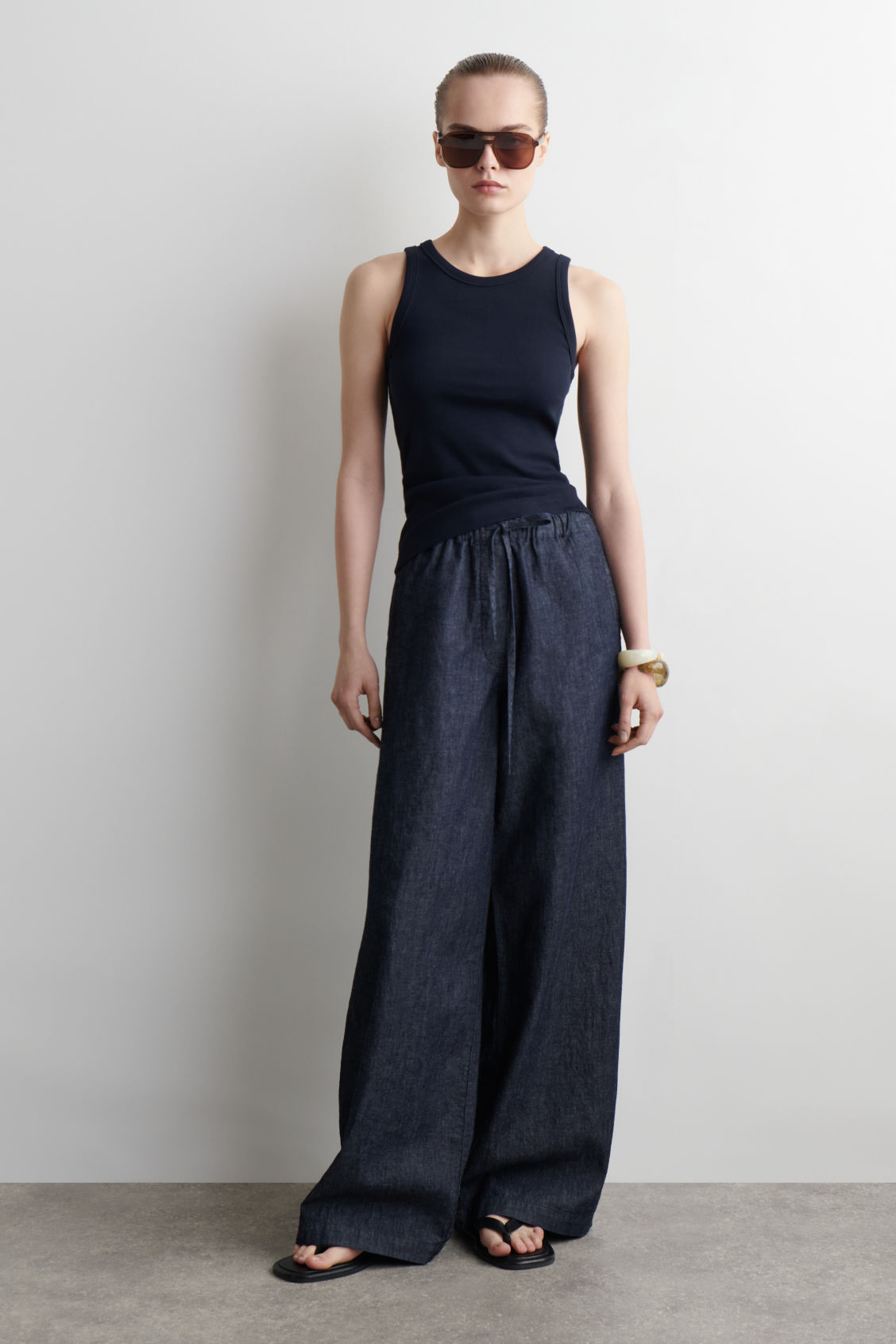 Denim Wide-Leg Drawstring Trousers