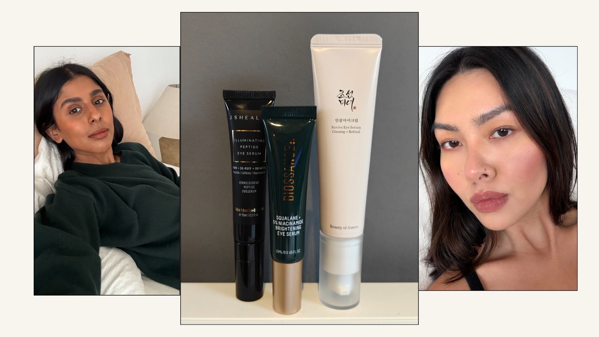 Collage with a photo of @monikh, a picture of eye serums and a selfie of @mimixn 