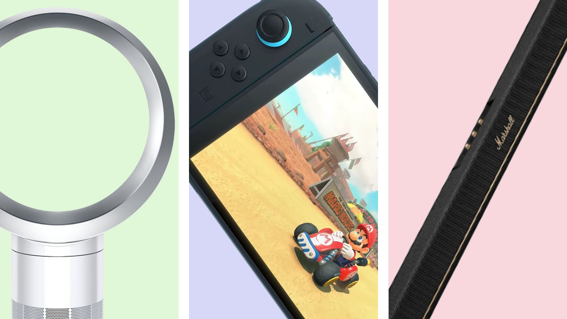 Dyson Cool fan, Nintendo Switch 2 and Marshall soundbar images.
