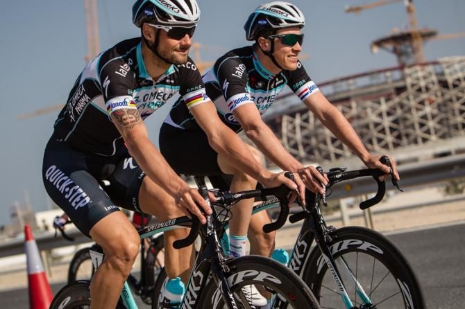 Tom Boonen (Omega Pharma-Quickstep) warms up with teammate and GC leader Niki Terpstra.