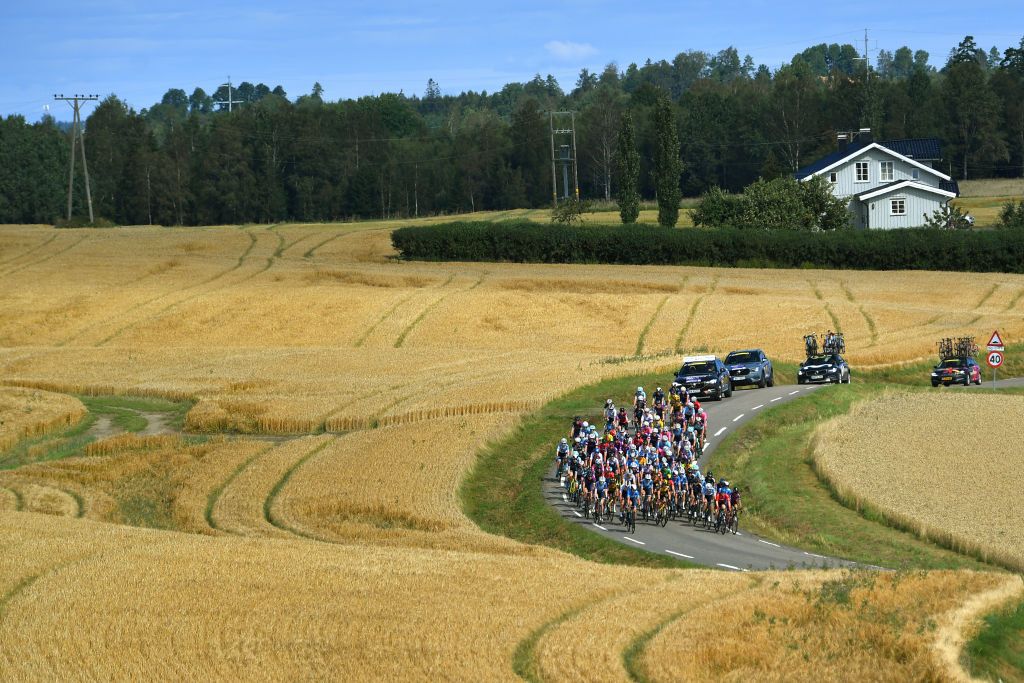 HALDEN NORWAY AUGUST 15 A general view of the peloton during the 7th Ladies Tour Of Norway 2021 Stage 4 a 1416km stage from Drbak to Halden LTourOfNorway LTON21 UCIWWT on August 15 2021 in Halden Norway Photo by Luc ClaessenGetty Images