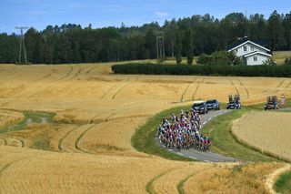HALDEN NORWAY AUGUST 15 A general view of the peloton during the 7th Ladies Tour Of Norway 2021 Stage 4 a 1416km stage from Drbak to Halden LTourOfNorway LTON21 UCIWWT on August 15 2021 in Halden Norway Photo by Luc ClaessenGetty Images