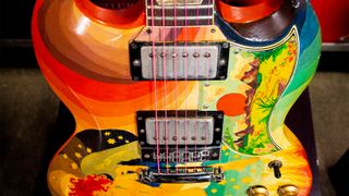 View of Eric Clapton's Fool guitar during the media preview for Julien's "Played, worn, torn rock'n'roll iconic guitars and memorabilia" in Gardena, California, on October 10, 2023. 
