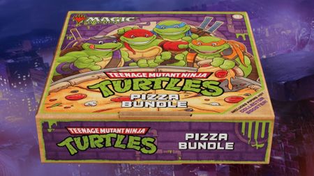 MTG Teenage Mutant Ninja Turtles Pizza Bundle box on a purple cityscape background