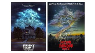 Horror posters; a zombie face swirls over a house