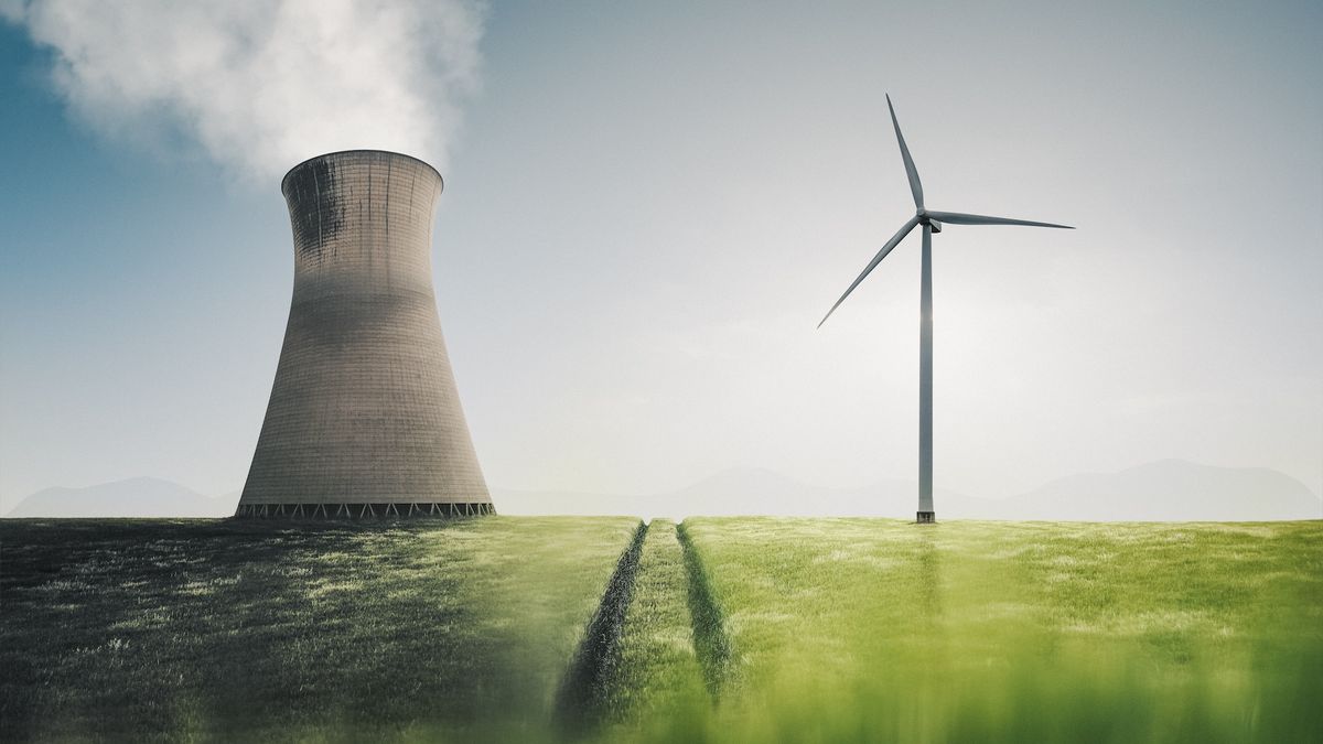 A rendering of a power station next to a wind turbine