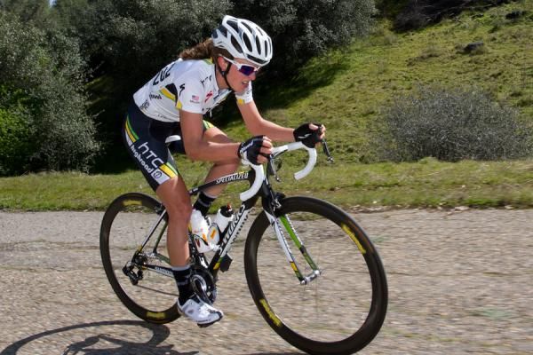 Amanda Miller (HTC-Highroad) tests the field with a solo flyer on the second lap up the rough climb in the MID Road Race.
