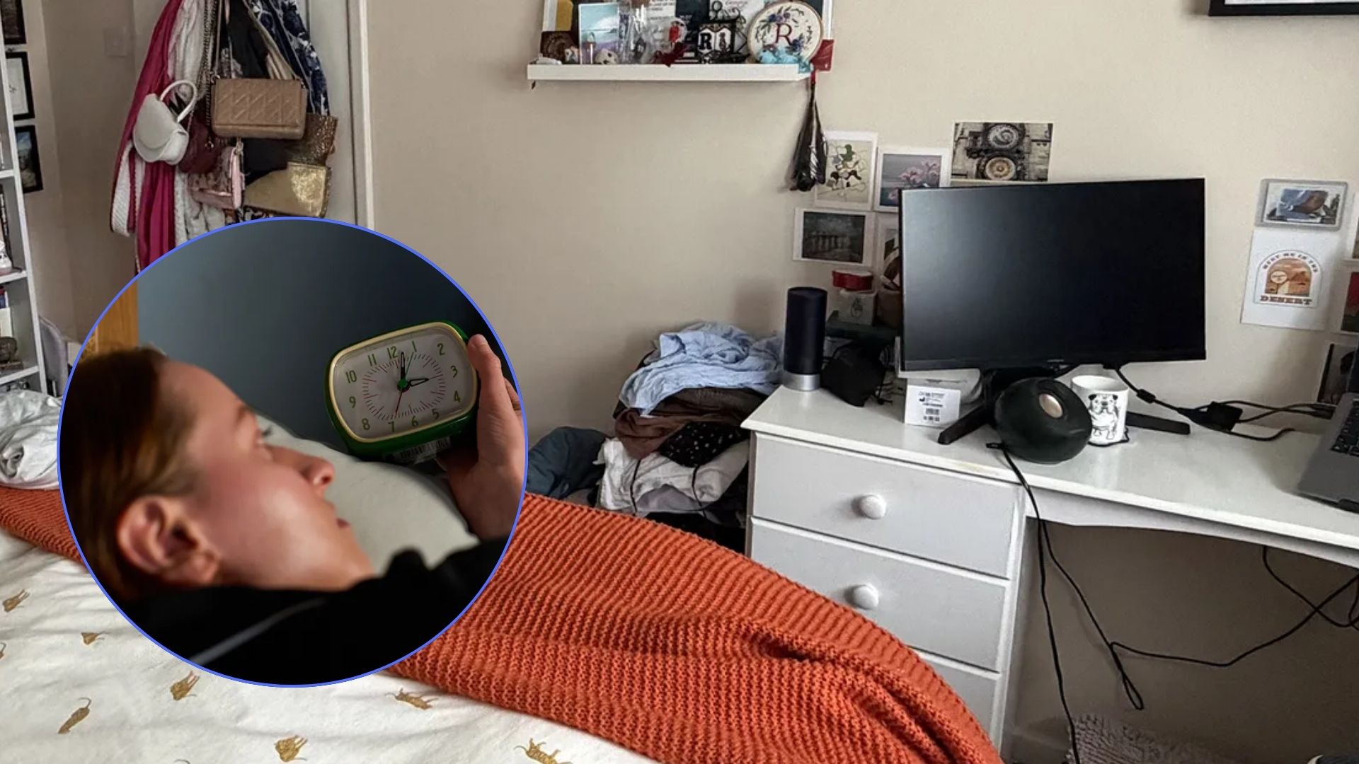 The image shows a cluttered bedroom, with clothes piled on the floor and bags hanging off of the door. There is a desk with a laptop at the foot of the bed. Inset, a woman wakes up and check the clock - it's 3 a.m.