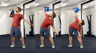 Ashton Turner demonstrates side press abs move with a kettlebell