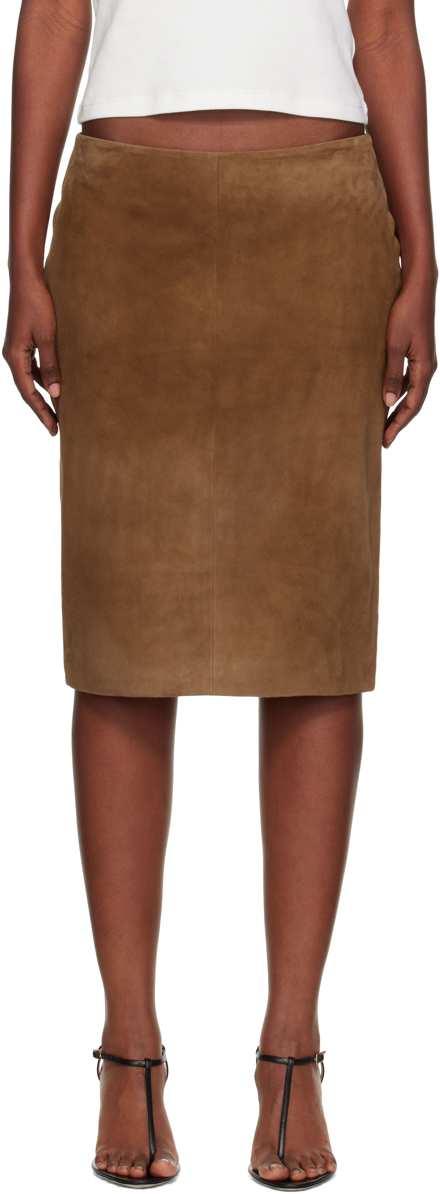 Tan Pencil Suede Midi Skirt