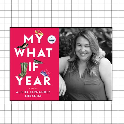 Alisha Fernandez Miranda next to the book My What If Year on a grid background