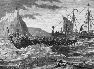 Viking ships invading England, circa 900AD