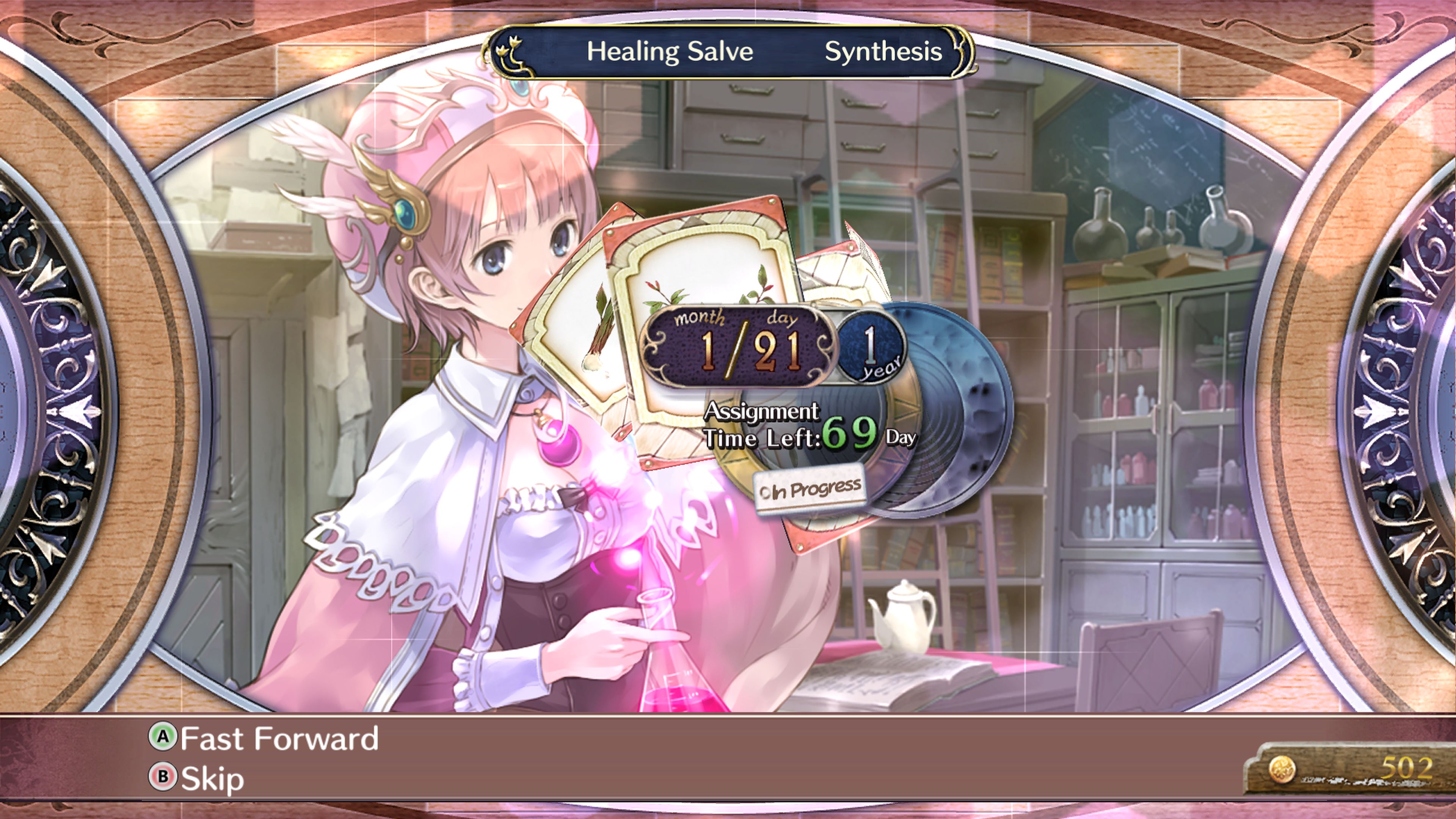 Rorona crafts items using alchemy, with a calendar reminding her of remaining time before her next evaluation in Atelier Rorona: The Alchemist of Arland DX
