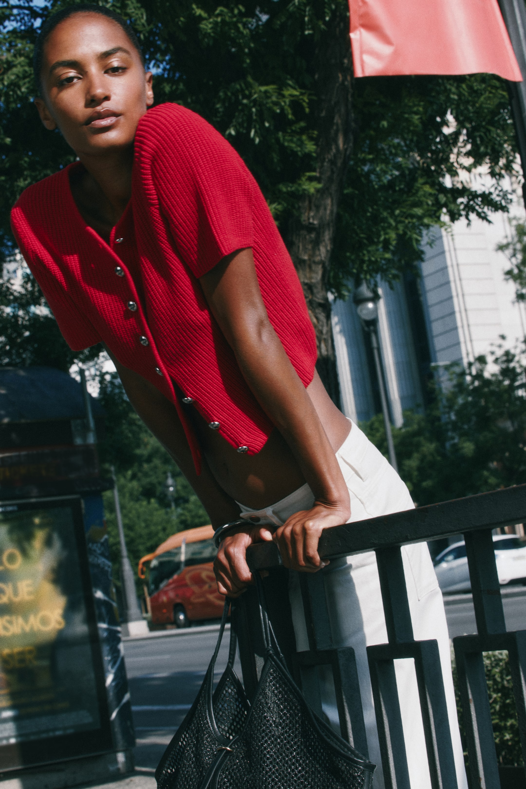 Rib-Knit Cardigan - Red