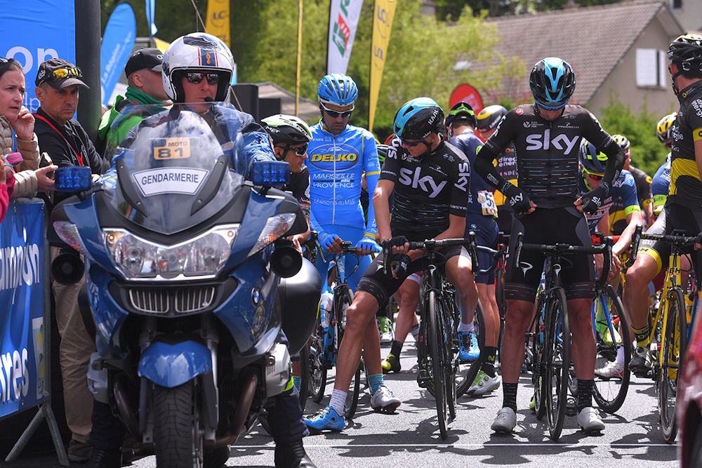 Riders wait for the start of stage 3 at the Criterium du Dauphine