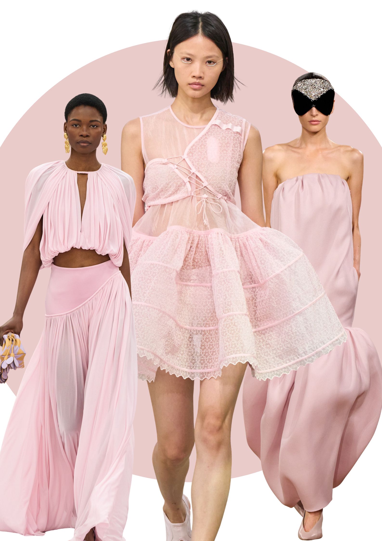 Models wearing blush pink on the runways of the Zimmermann, Cecilie Bahsen, and Balenciaga SS26 shows