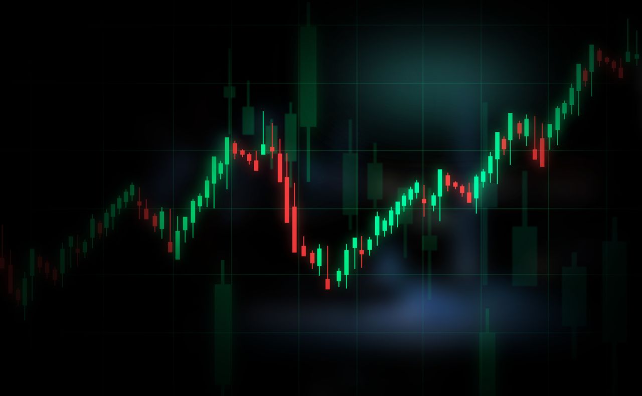 closeup of bar chart with more green bars going up than red bars going down