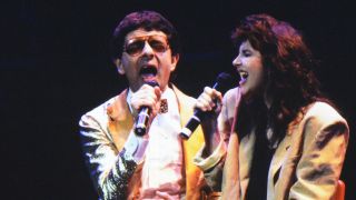 Rowan Atkinson and Kate Bush on stage together at Comic Relief 1986