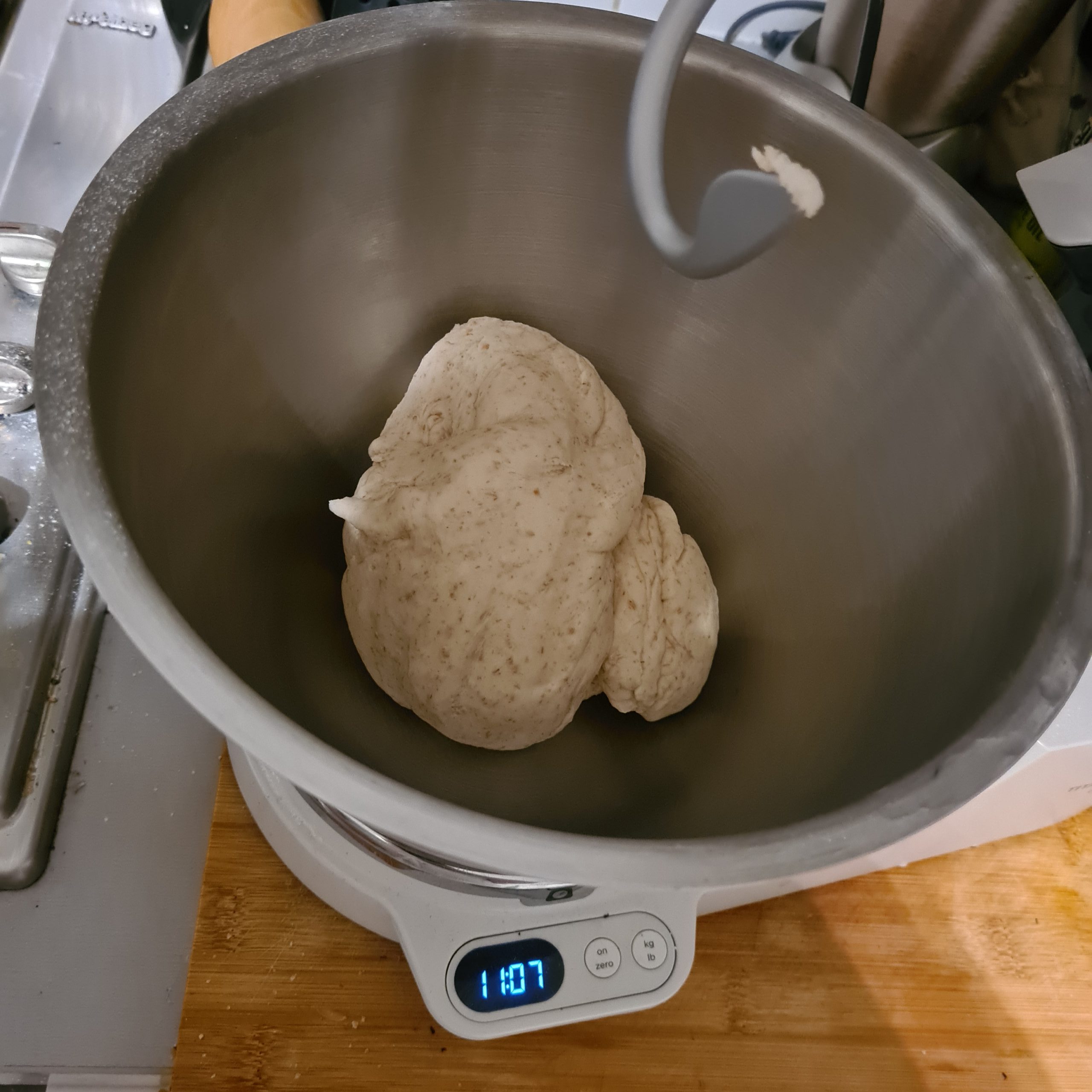 Kenwood Titanium Chef Baker containing mixed bread dough with scale on