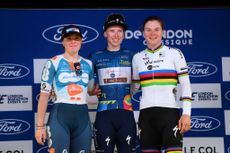 LONDON ENGLAND MAY 26 LR Charlotte Kool of The Netherlands and Team DsmFirmenich PostNl on second place overall race winner Lorena Wiebes of The Netherlands and Team SD WorxProtime Blue Leader Jersey and Lotte Kopecky of Belgium and Team SD WorxProtime on third place pose on the podium ceremony after the 10th Ford RideLondon Classique 2024 Stage 3 a 912km stage from London to London UCIWWT on May 26 2024 in London England Photo by Alex BroadwayGetty Images