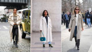 A composite of street style influencers showing jeans be business casual with a trench coat