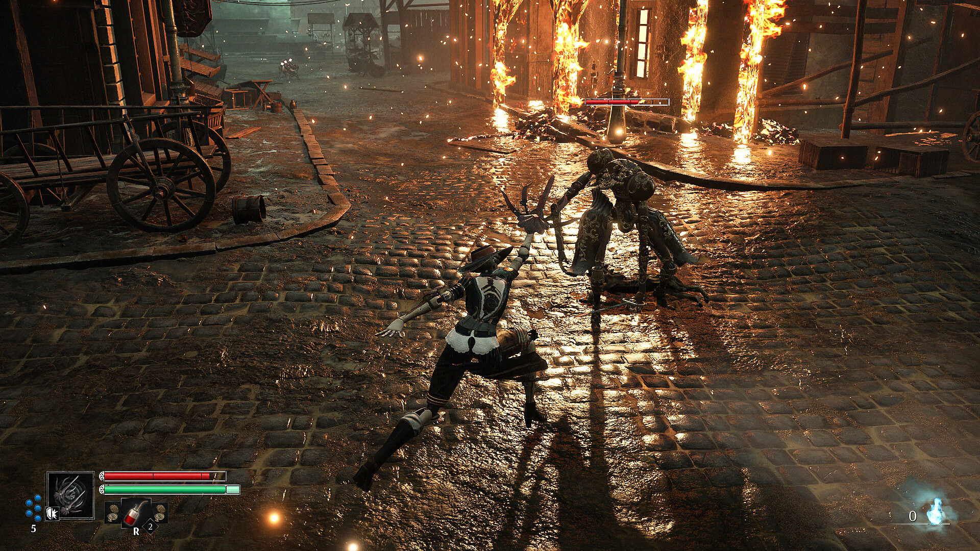 In Steel Rising, Aegis fights a mechanical figure in the rain-soaked cobbled streets