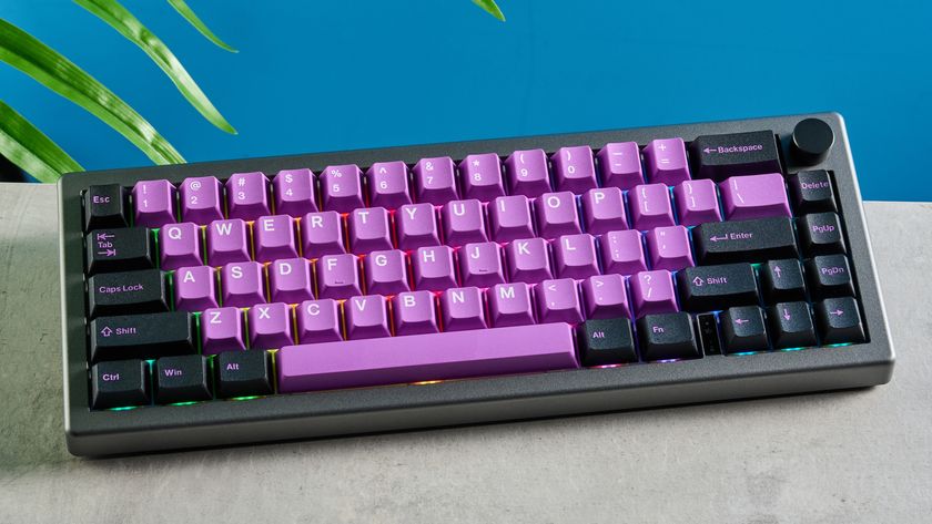 A black and purple Epomaker EK68 wireless mechanical keyboard